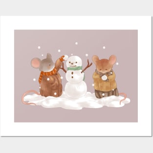 Snowy Winter Cottagecore Mice Building a Snowman Posters and Art